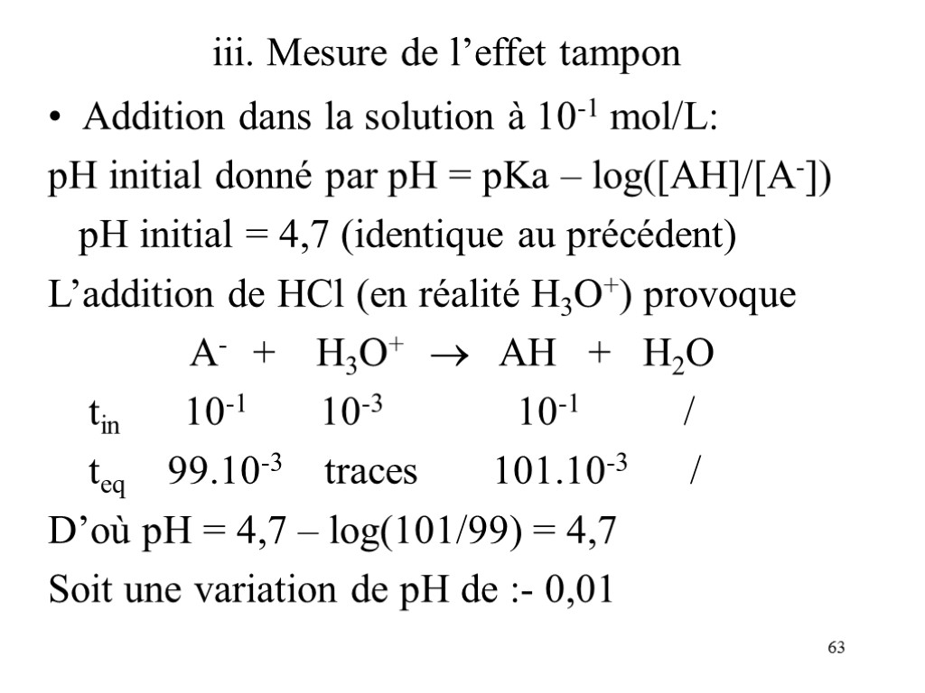 63 iii. Mesure de l’effet tampon Addition dans la solution à 10-1 mol/L: pH